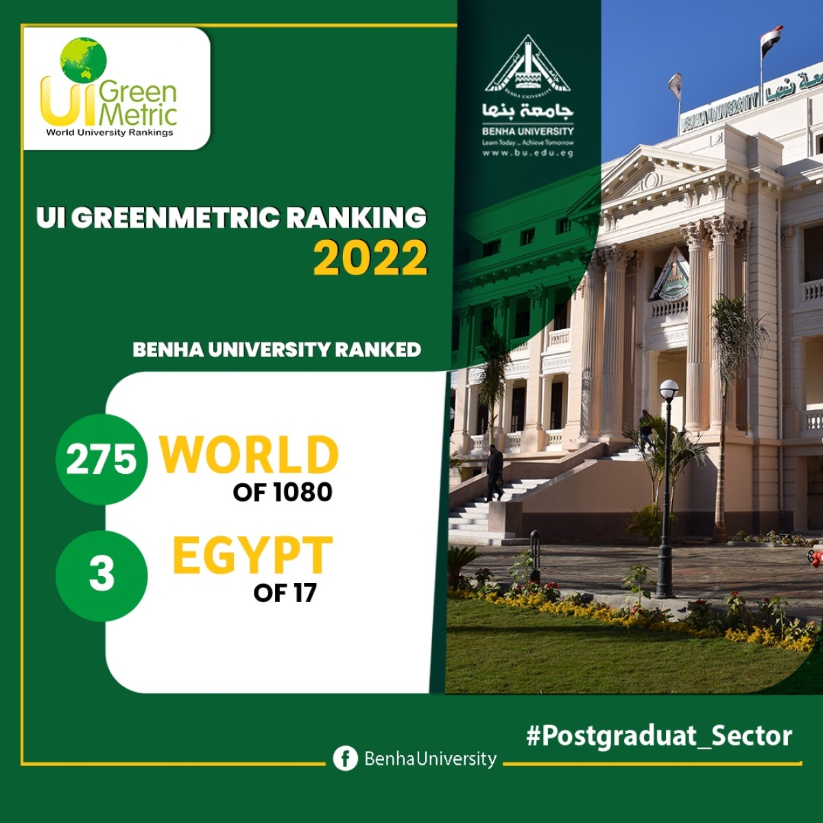 جامعة بنها ضمن أفضل خمس جامعات إفريقيا وتتقدم عالمياً بتصنيف الجامعات الخضراء 2022